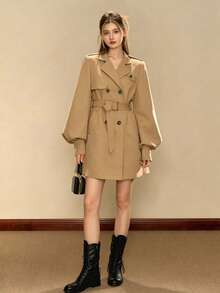Lantern Sleeve Old Money Style Double-Breasted Trench Coat Jacket For Women - Khaki - View 2