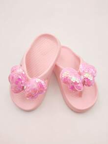 1 Pair Girls Bow Decor Flip Flops, Comfortable Breathable Flat Sandals, Suitable For Indoor/Outdoor Beach Vacation Pool Summer - Pink - View 1