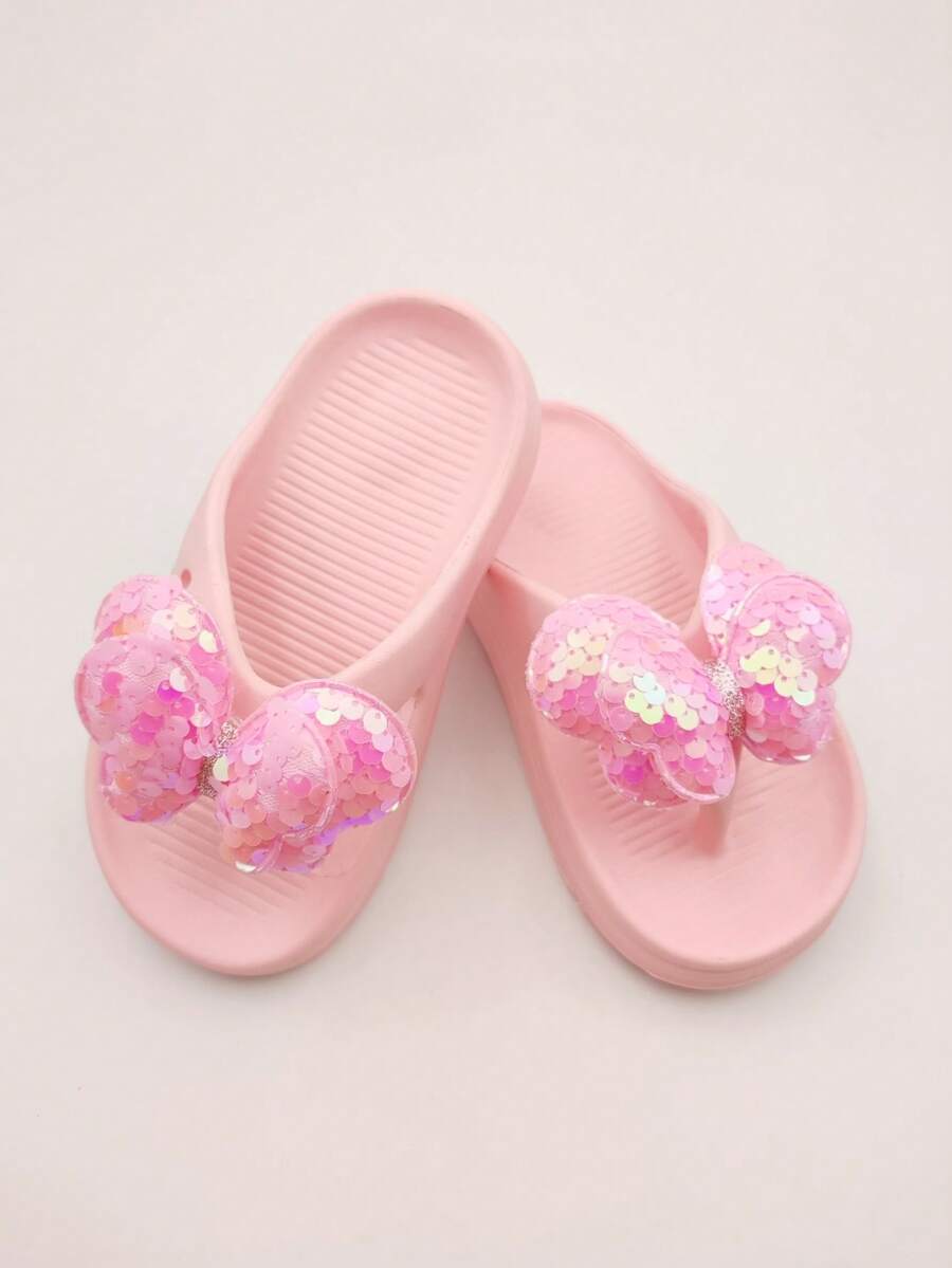 1 Pair Girls Bow Decor Flip Flops, Comfortable Breathable Flat Sandals, Suitable For Indoor/Outdoor Beach Vacation Pool Summer - Pink - View 1