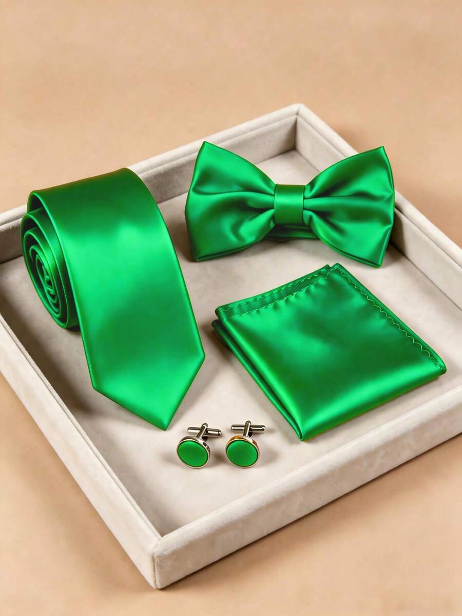 Set Dasi Pria 4pcs, Modis untuk Bisnis, Serbaguna, Warna Polos, Terbuat dari Poliester (Terdiri dari Dasi Kupu-kupu, Sapu Tangan Saku, dan Manset), Cocok untuk Pernikahan, Perayaan, dan Pemakaian Sehari-hari. - Rumput Hijau - View 1