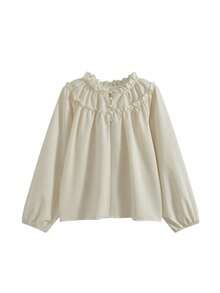 Square Neck Single-Breasted Lantern Sleeve Blouse Tops - Apricot - View 4