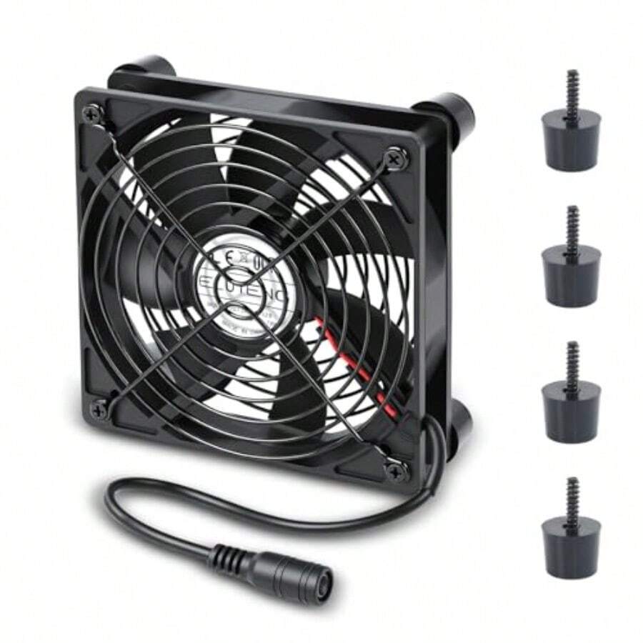 ELUTENG DCファン 12cm 12V 回転数1700RPM 油圧ベアリング 120mm 冷却ファン 金属製フレーム付き 防振ゴム足4個付属 可変速機能なし 小型卓上扇風機 PCケース サーバー テレビボックス冷却に最適 DC Fan 黒 - チェックする 1