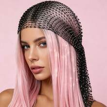 Women Rhinestone Fishnet Full Head Cover, Sparkly Crystal Mesh Head Wrap, Elegant See-Through Headpiece For Wedding Party & Photoshoot - Silver - View 11