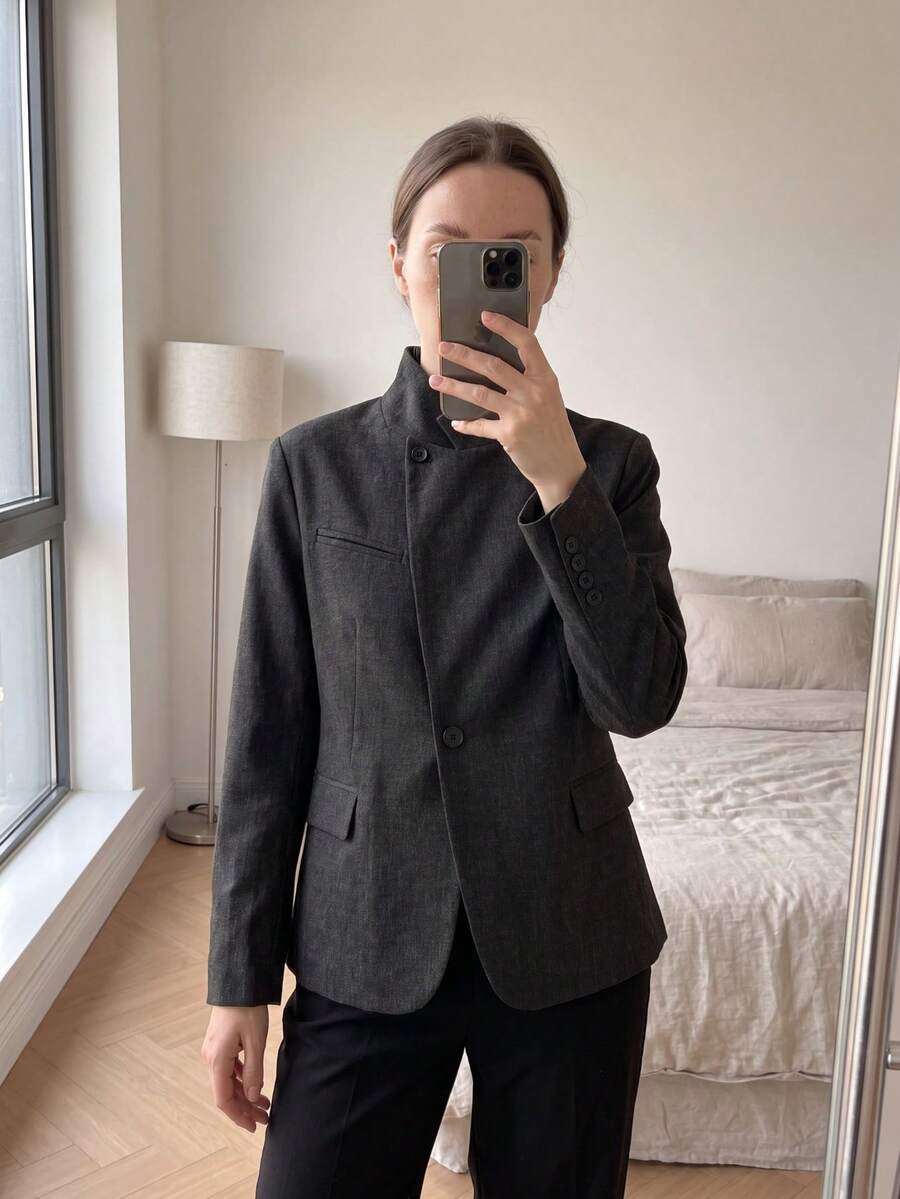 GMFP 女士休闲优雅时尚长袖宽松旅行度假单扣灰色羊毛西装外套,适合音乐节/婚礼季等场合。 - 灰色 - 查看 1