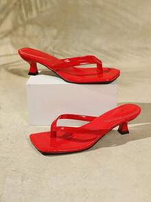 Sandal Selop Kulit Paten Mengkilap Ujung Persegi, Sandal Selop Hak Mini, Sandal Jepit - Merah - View 3