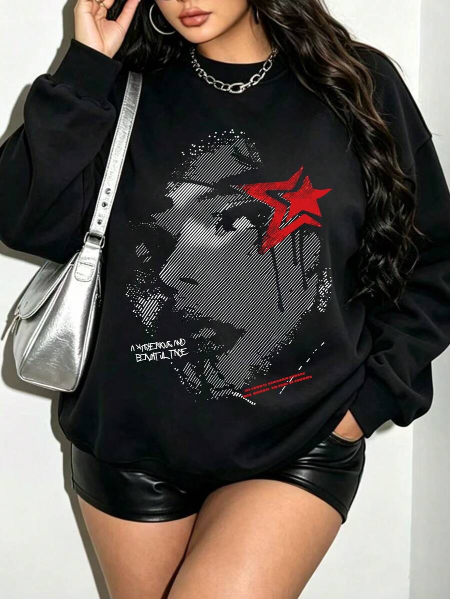 هودي نسائي مقاس كبير، بلوفر بياقة دائرية، تصميم طباعة وجه، مناسب للارتداء في الخريف/الشتاء، قطعة أساسية يحتاجها الجميع - الأسود - مشاهدة 1