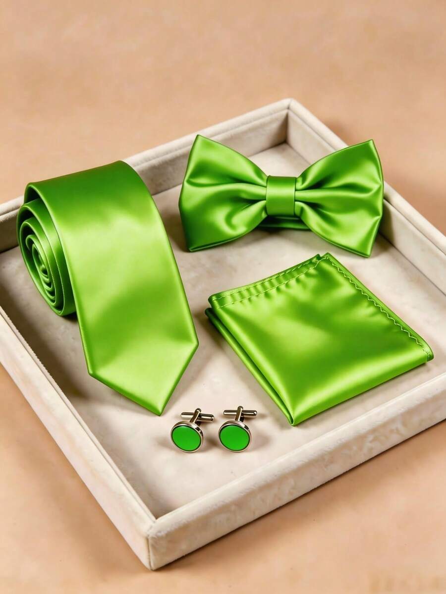 4pcs Men's Business Fashion Versatile Solid Color Polyester Tie & Bow Tie & Pocket Square & Cufflinks Set Suitable For Wedding, Celebration And Daily Wear - Fluorescent Green - View 1