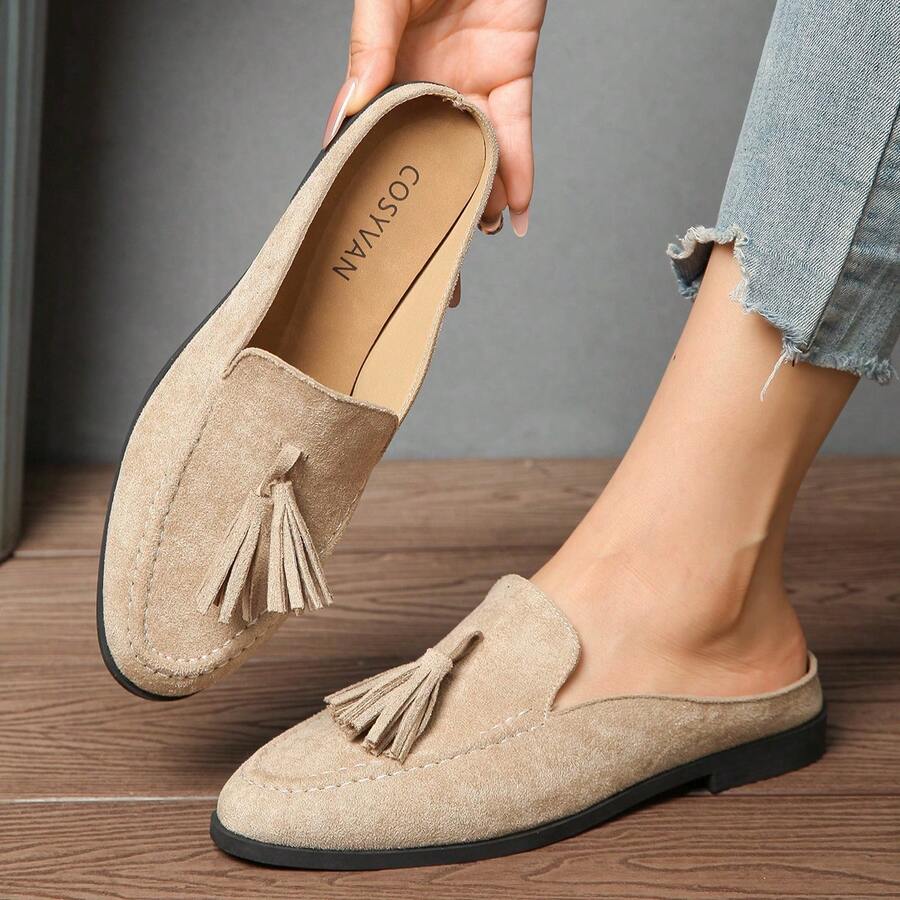 Sepatu Mule Wanita Bahan Suede dengan Rumbai, Sepatu Loafer Slip-On Hak Rendah, Sepatu Datar Nyaman untuk Berpergian - Khaki - View 1