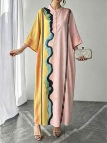1pc Women's Multi-Color Geometric Line Print Craft Small Stand Collar Single-Breasted Raglan Sleeve Super Loose Long Pullover Casual Dress Elegant Dress Luxury Holiday Evening Party Gown Loose Robe Perfect Vacation Holiday Gift For Mom Daughter Wife Girlfriend - Multicolor - View 7