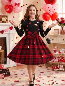 Tween Girls Christmas Vintage Red & Black Plaid Cap Sleeve Patchwork Bow Flutter Sleeve Ribbed Long Sleeve Round Neck Dress, Holiday Vibe Girls Plaid Princess Dress - Red and Black - View 9
