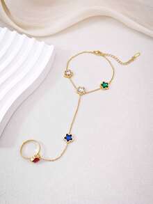 Gold Tone Stainless Steel Multicolor Flower Hand Chain Bracelet For Women, Finger Ring Bracelet, Holiday Party Jewelry Gift For Her - Gold - View 4