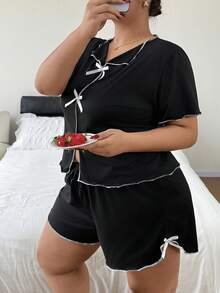 Women's Plus Size Pajamas, Lapel Short Sleeve And Shorts Black Plus Size Pajamas. Two Pieces Women's Pajama Set, Suitable For Curvy Women. - Black - View 6