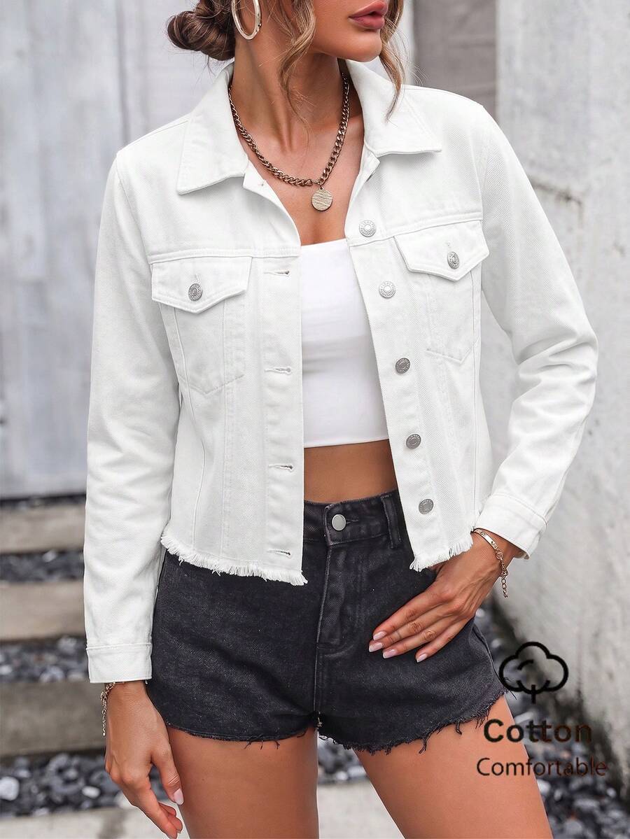 Women's Classic Long Sleeve Turn Collar Denim Jacket, Traceable Cotton, Autumn Casual - White - View 1