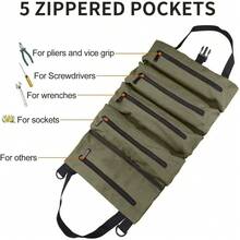 Bolsa enrollable para herramientas, bolsa de almacenamiento, organizador de caja de herramientas, regalo, bolsa de herramientas para mecánicos y electricistas, bolsa de herramientas con múltiples bolsillos, bolsa enrollable de emergencia para automóvil, bolsa enrollable para herramientas de motocicleta. - verde militar - Ver 4