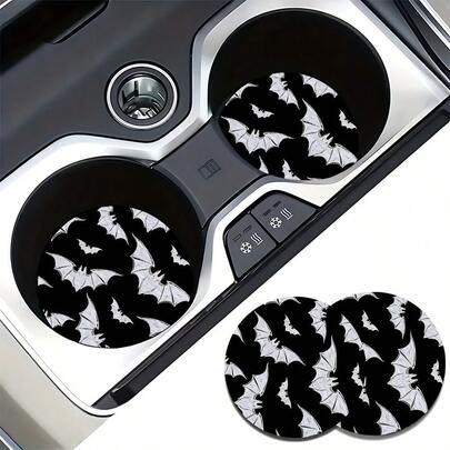 2 piezas Posavasos personalizados con estampado de murciélago para portavasos de coche, Posavasos antideslizantes y resistentes al calor para coche de Halloween, Posavasos decorativos para el hogar