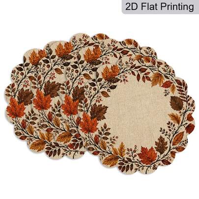 2D Flat 4-Piece Autumn Thanksgiving Maple Leaf Round Placemats, Harvest Theme Placemats, For Autumn And Thanksgiving Dining, Family Gatherings, Harvest Party Tableware Additions, Suitable For Restaurant And Cafe Table Decoration