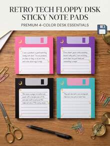 4pcs Cute Retro Floppy Disk Shaped Sticky Notes, 4 Color Decorative Memo Pad, Retro Computer Style Notebook, Suitable For Desktop Office Student Stationery - Sticker - View 2