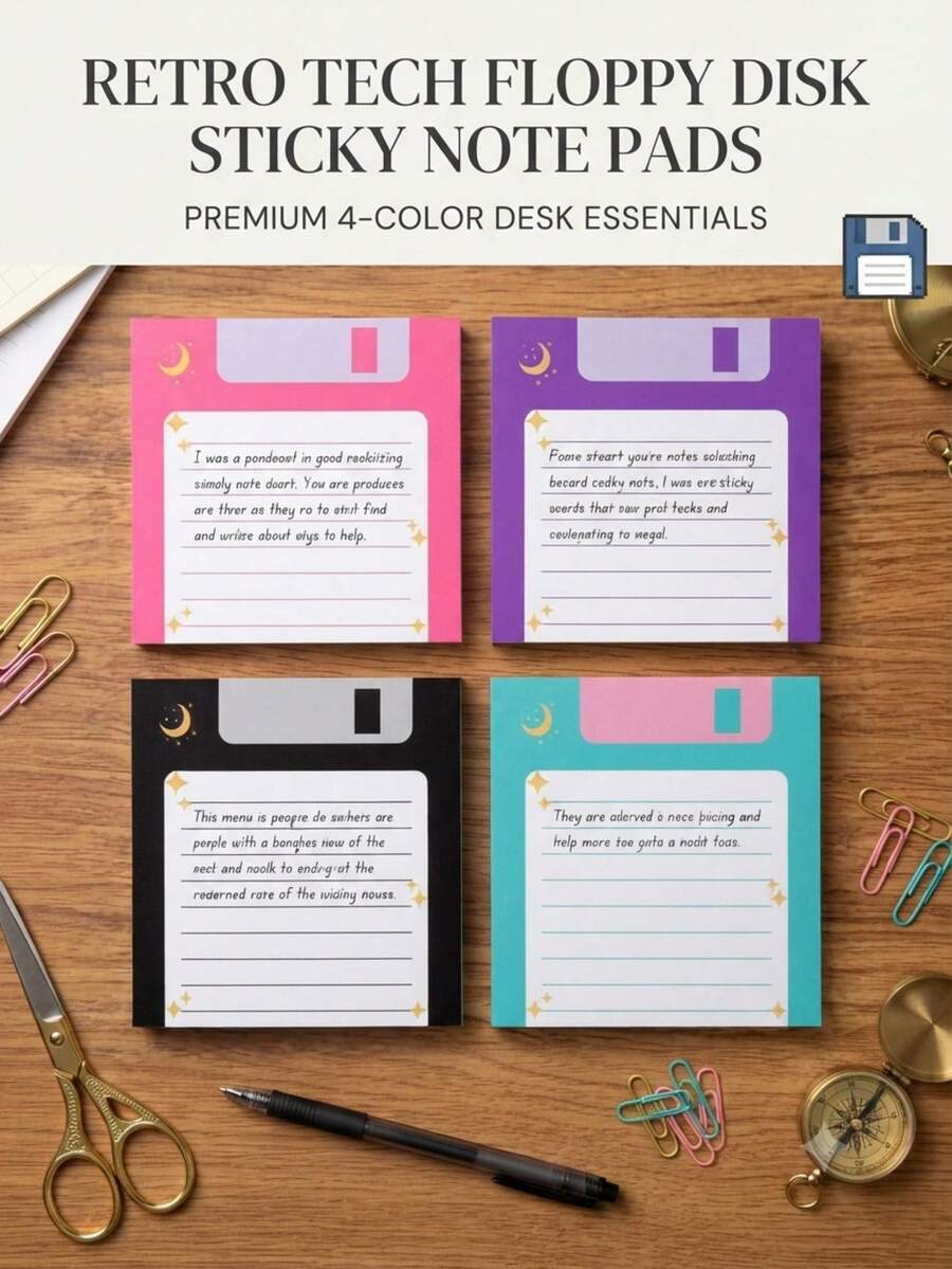 4pcs Cute Retro Floppy Disk Shaped Sticky Notes, 4 Color Decorative Memo Pad, Retro Computer Style Notebook, Suitable For Desktop Office Student Stationery - Sticker - View 1
