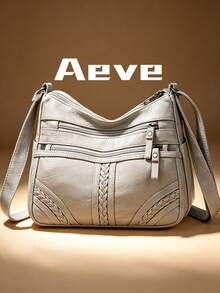 Women's Solid Color Gray Crossbody Bag, Multi-Layer Zipper Pockets Vintage Elegant Crossbody Bag, PU Leather Material, Artificial Leather, Braided Decor, Outdoor Shopping Mom Bag, Lightweight Portable Small Bag For Phone And Coins, Soft Square Bag, Suitable For Shopping, Gatherings, Business Use - Light Grey - View 2