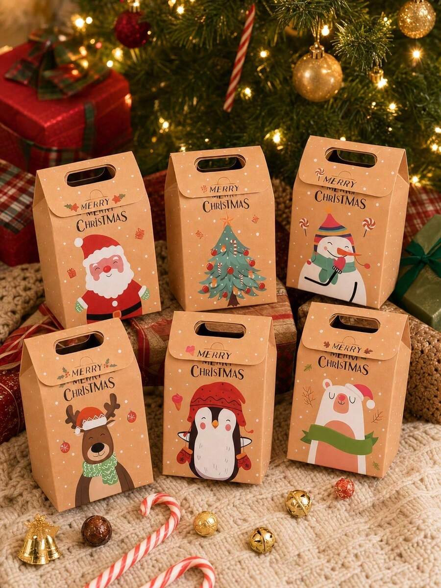 1/3/6/12/24pcs Christmas Party Gift Boxes, Kraft Paper Gift Boxes With Santa Claus And Christmas Tree Pattern, With Paper Tags, Suitable For Gifts, Party Favors And Christmas Decorations - Multicolor - View 1