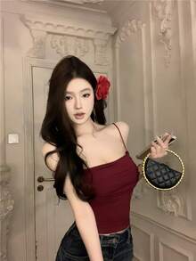 性感女款短版吊帶上衣，附胸墊杯，直領，抓皺設計，休閒紅色夏季風格 - 紅色 - 查看 3