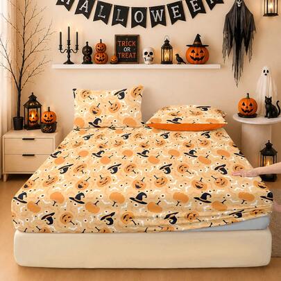 1Pc Halloween & Thanksgiving Ghost Pumpkin Print Fitted Sheet, Quiet And Non-Sl…