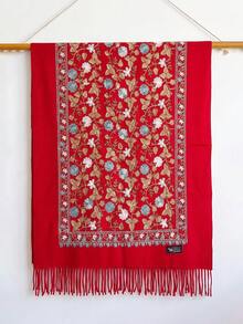 1件女款秋冬仿羊絨刺繡圍巾，加厚保暖披肩斗篷，附流蘇，波希米亞風旅行披巾 - 紅色 - 查看 2