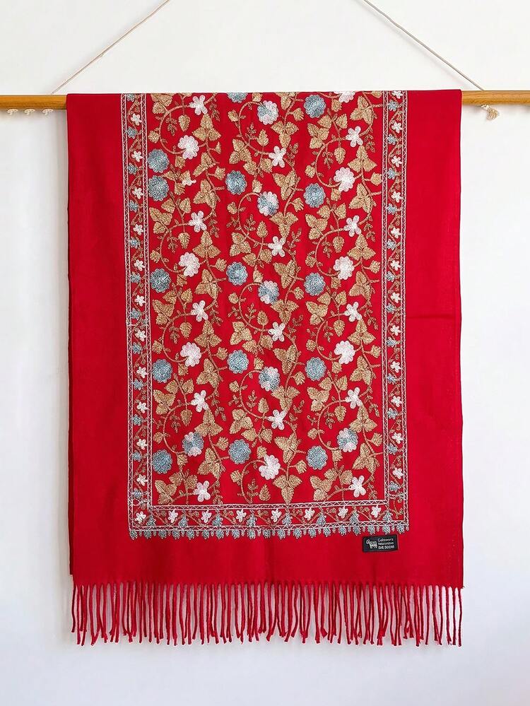 1pc Women's Autumn/Winter Faux Cashmere Embroidered Scarf, Thick Warm Shawl Cape With Tassels, Bohemian Style Travel Wrap - Red - View 2