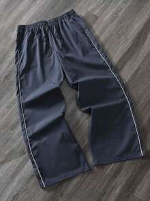 Men's Plus Size Navy Blue Side White Stripe Wide Leg Long Pants Drawstring Elastic Waist Casual Straight Leg - Blue - View 6