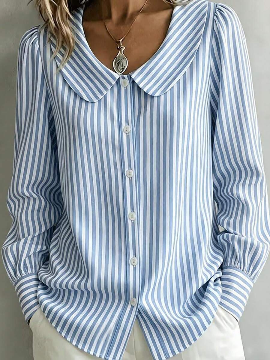 Women's Plus Size Striped Shirt, Peter Pan Collar Long Sleeve Button-Up Blouse, Casual Woven Top - Sky Blue - View 1