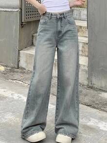 Teen Girl's Loose Washed Wide Leg Denim Pants, Versatile For Daily Wear - Light Wash - View 5