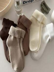 Random 3/5/10 Pairs Women's Mid-Calf Socks, Solid Color, Warm Fleece Lining, Postpartum Home Wear, Autumn/Winter - Multicolor - View 3