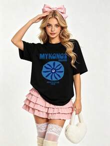 Damen-T-Shirt mit Mykonos-Insel-Motiv, Sommer-Outfit für den Alltag und Urlaub, Herren-T-Shirt, Schwarzes Oberteil - Schwarz - Übersicht 1