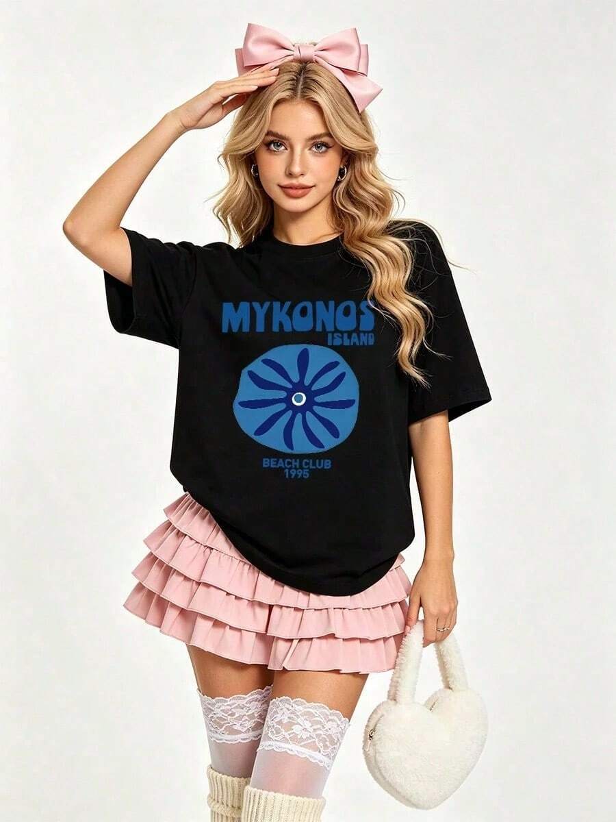 Damen-T-Shirt mit Mykonos-Insel-Motiv, Sommer-Outfit für den Alltag und Urlaub, Herren-T-Shirt, Schwarzes Oberteil - Schwarz - Übersicht 1