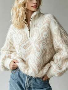 Autumn/Winter Thickened Plush Vintage Jacquard High Neck Zipper Loose Soft Long Sleeve Knit Sweater - White - View 3