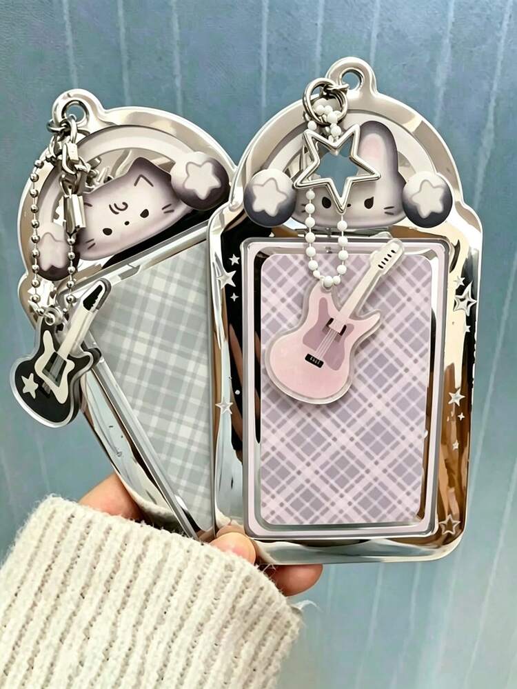 1 Set Rock Bass Cute Cat PVC Card Holder 3 Inch Photo Card Storage Protective Card Frame Bag Pendant, Rock Bass Cute Cat 3 Inch Card Holder Student Peripheral Photo Card Photo Storage Sleeve, High Transparency PVC Material, Waterproof, Scratch-Resistant, Anti-Wear, Anti-Fold, High Definition Transparent, Unique Design, Cute Cartoon, Rock Style, Durable And Shockproof - A - View 2