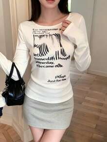 Korean Style Distressed Butterfly Print Slim Fit Long Sleeve Base Layer Top For Women Casual White - White - View 2