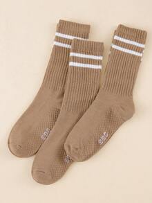 1/3 Pairs Women's Autumn/Winter Maillard Color Palette Versatile Casual Striped Double-Bar College Style Mid-Calf Socks - Multicolor - View 3
