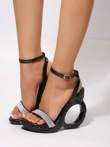 2026 Hollow Circular Asymmetric Heel Design, Breaking Conventional Footwear Design, Instantly Adding Avant-Garde Style, Easily Becoming The Center Of Attention, Open Toe + Adjustable Buckle Ankle Strap, Suitable For All Foot Shapes, Easy To Put On And Take Off, Stable And Non-Slip - Black and White - View 7