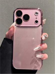 Luxury Electroplated Glossy Phone Case, Compatible With IPhone 17 Pro Max 16 15 14 13 12 11 Pro Max, Minimalist Solid Color Glass Lens Protection, Shockproof Hard Shell Back Cover - Pink - View 3