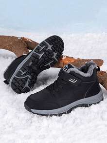 Winter High-Top Fleece-gefütterte Schneestiefel, rutschfeste Outdoor-Herrenschuhe, bequeme High-Top Herren-Freizeitschuhe, langanhaltend Herren-Sportschuhe mit dicker Sohle, bequeme leichte Wanderstiefel, verdickte warme Herrenstiefel, hochwertige Outdoor-Winterstiefel (asymmetrisches Muster) - Schwarz - Übersicht 2