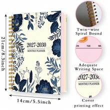 DANPERJI 1pc A5 2027-2030 4-Year Monthly Journal Planner, Cream Background Navy Floral Peony Plant Agenda Notebook, Back To School Essentials, Classic Botanical Vibe, Classroom Monthly Task Record Notebook - A - View 2