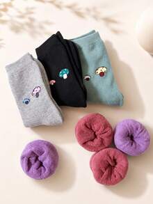 5 Pairs Small Mushroom Solid Color Thick Terry Mid-Calf Socks, Autumn/Winter Daily Commute Casual Versatile Women's Socks - Multicolor - View 9