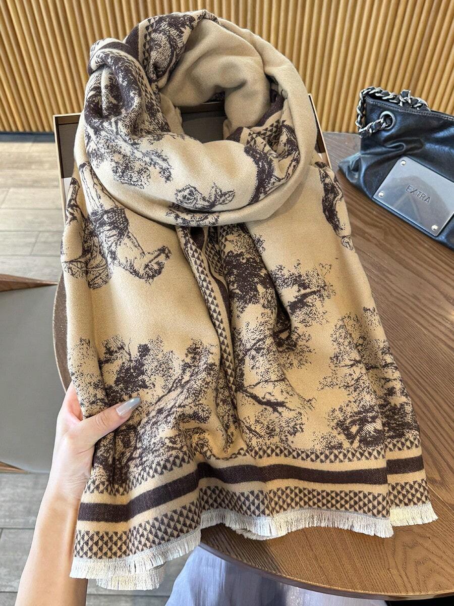 1pc Floral & Tree Pattern Scarf For Women, Winter Warm Versatile Shawl, Dual-Use Air-Conditioned Room Office Cape, Long Thick Neck Warmer - Camel - View 1