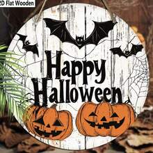 1pc 2D Flat Printed Happy Halloween Welcome Sign, Bat & Pumpkin Pattern Round Wooden Wall Decor, Suitable For Home, Office, Garden, Street Decoration, Porch Halloween Sign Decor/Front Door Decor, Halloween Scene Decoration - Multicolor - View 3