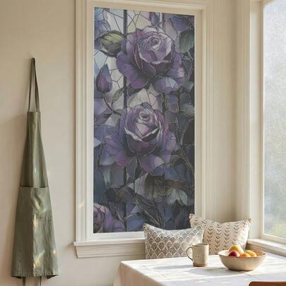 1/2 Stücke Vintage lila Rose mattierte Fenster Sichtschutzfolie, elektrostatisch haftende PVC Fensterfolie, geeignet für Wohnzimmer, Schlafzimmer und Heimdekoration, Halloween Dekorationen.