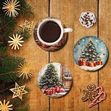 6pcs Vintage Christmas Tree Wooden Coasters, Waterproof Heat-Resistant Table Mats, Suitable For Coffee Cups, Mugs, Premium Cork Home Decor - Multicolor - View 4