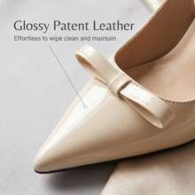 Women's Elegant Bow Decor Patent Pointed Toe Slingback Stiletto Heels, Nude Glossy High Heel Pumps For Wedding Party Office - Apricot - View 4
