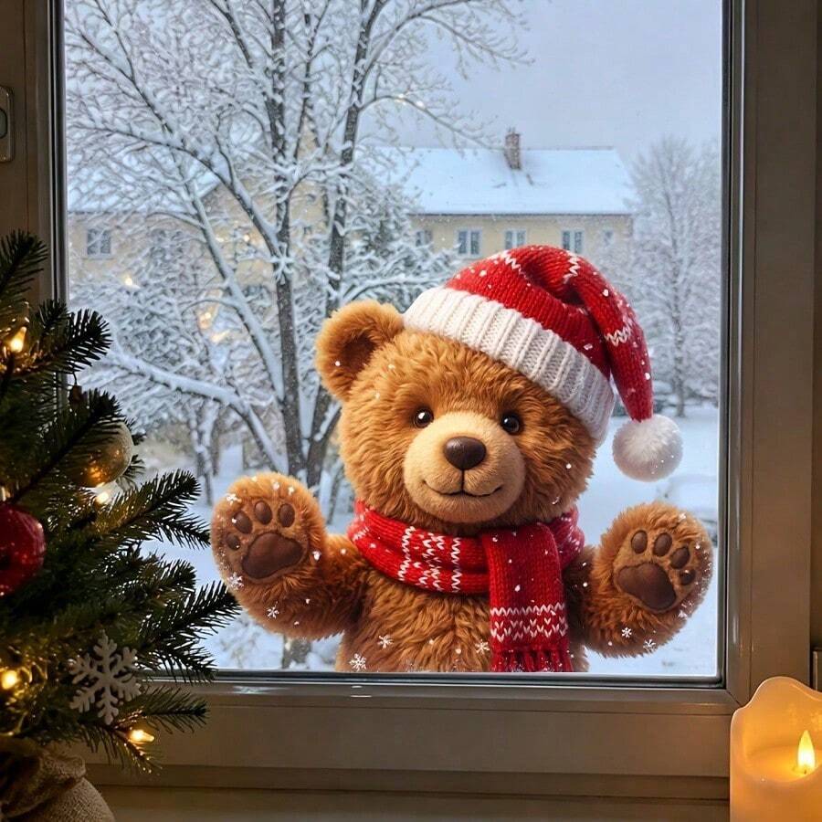 Xmas Window Decor 1/3Pcs Cute Teddy Bear Snowman Reindeer Static Window Stickers, Knit Hat Scarf Design, Reusable No Adhesive Glass Decals, Home Store Holiday Display Decor Gift