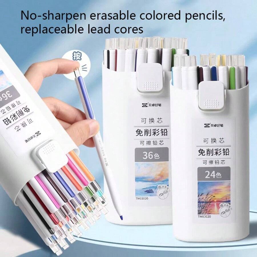 No-Sharpening Replaceable Colored Pencils, Erasable Mechanical Colored Pencil Set With Pencil Sharpener, Student Drawing Sketching Coloring Stationery